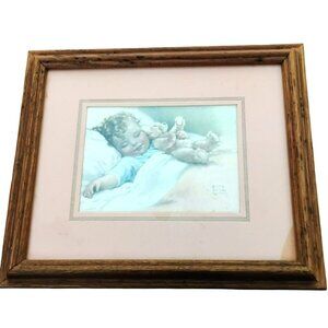 Vintage Bessie Pease Gutmann Happy Dreams Baby Print, Wood Frame, Nursery Decor
